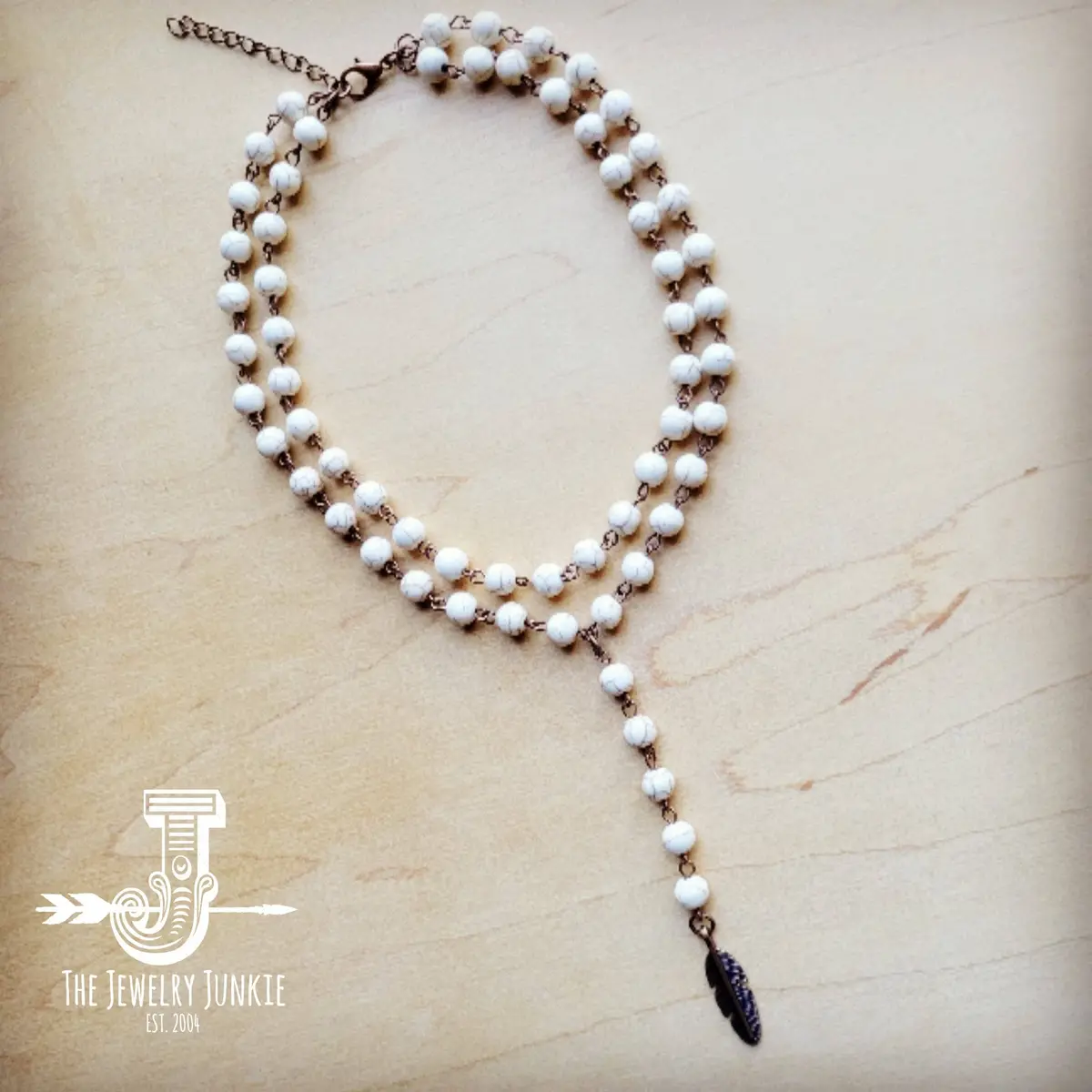 Double Strand Lariat White Turquoise Necklace Feather Charm 1