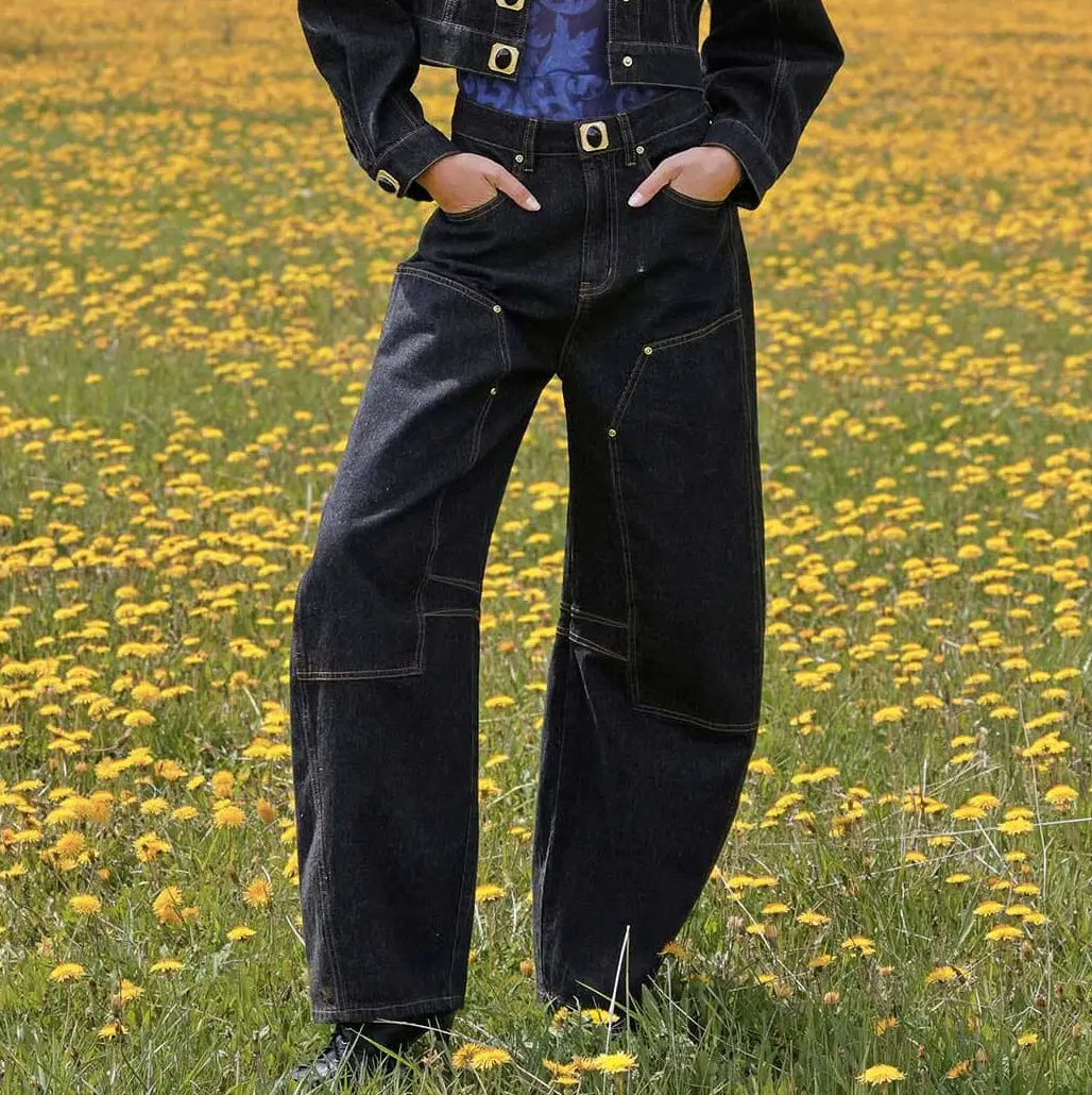 Novelty Button Barrel Leg Jeans 1