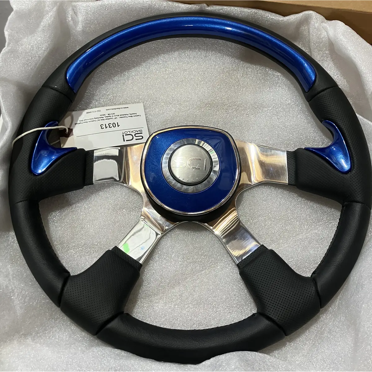 Sc-10313 Custom Blue Traveler - 18" Leather Rim W/Custom Blue Painted Inserts, Polished Alum 4-Spoke, Matching Universal Pad - Silver 1