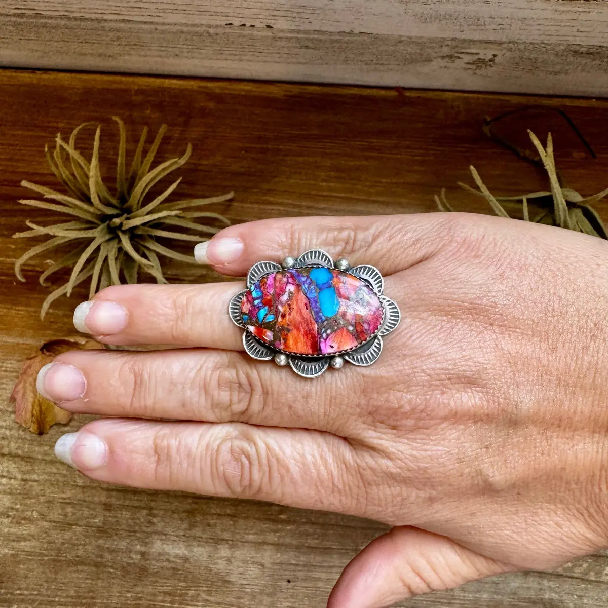 Adjustable Ring – Pink Dahlia Stone – Sterling Silver – Tia Long Navajo Handmade 1