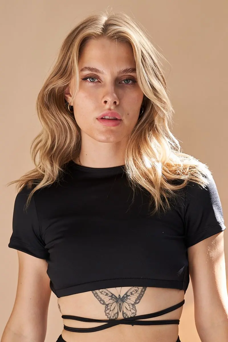 Lunalae Millie Backless Tie Short Sleeve Top - Recycled Black 1