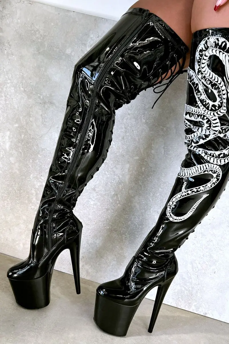 Hella Heels Viper Thicc Thigh High 8Inch Boots - Black/White Snake 1