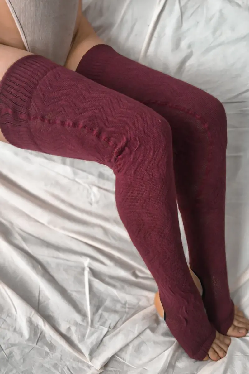Rolling Cable Knit Thigh High Leg Warmers - Burgundy 1