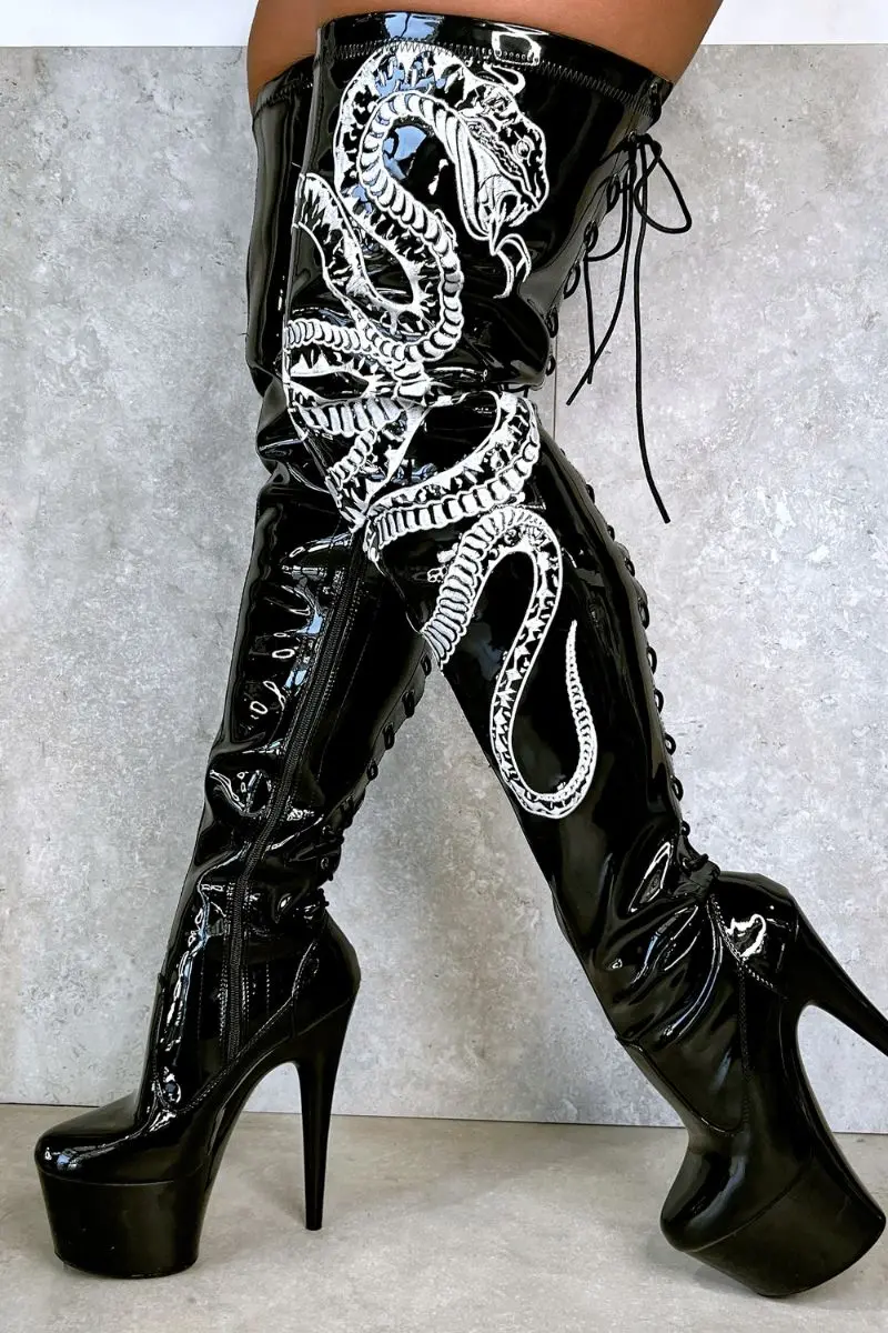 Hella Heels Viper Thicc Thigh High 7Inch Boots - Black/White Snake 1