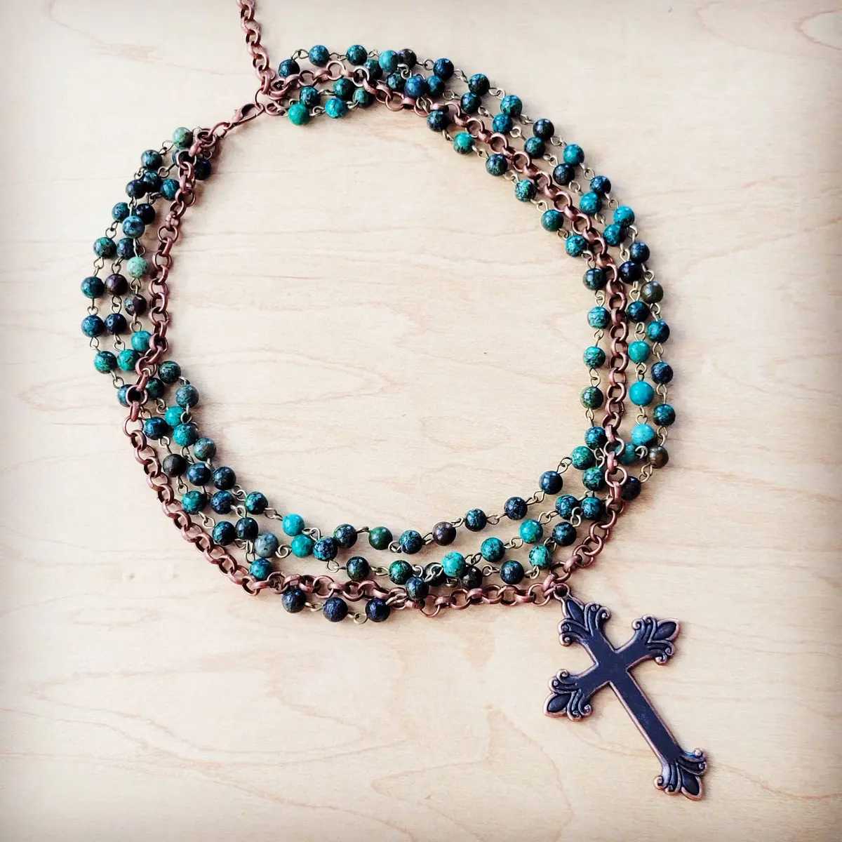 African Turquoise Beaded Collar Necklace Cross Pendant 1