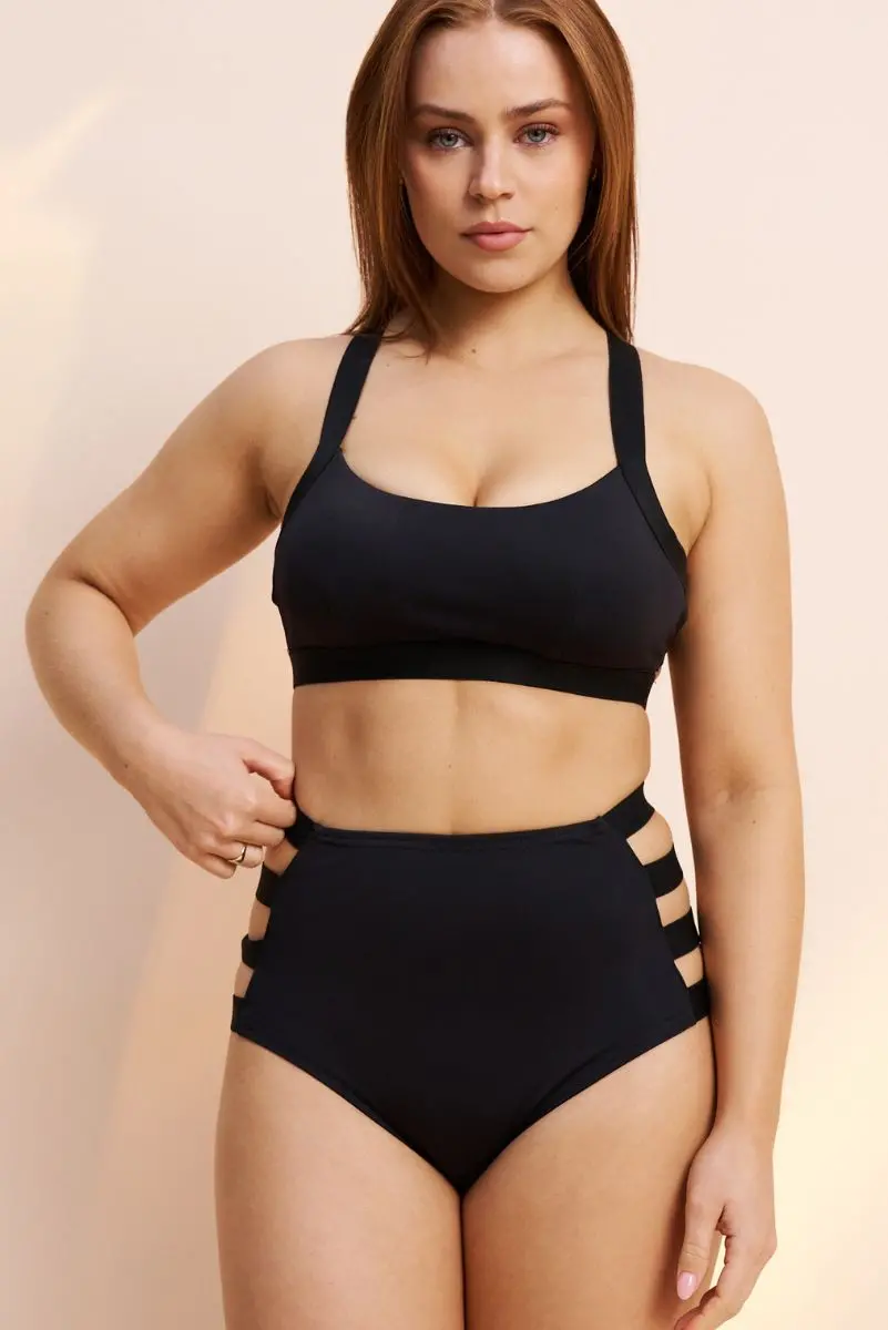 Lunalae Clover Side Strap High Waist Bottoms - Black 1