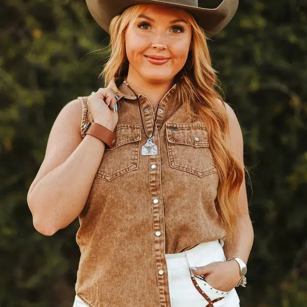 Camel Denim Button Down Sleeveless Shirt 1