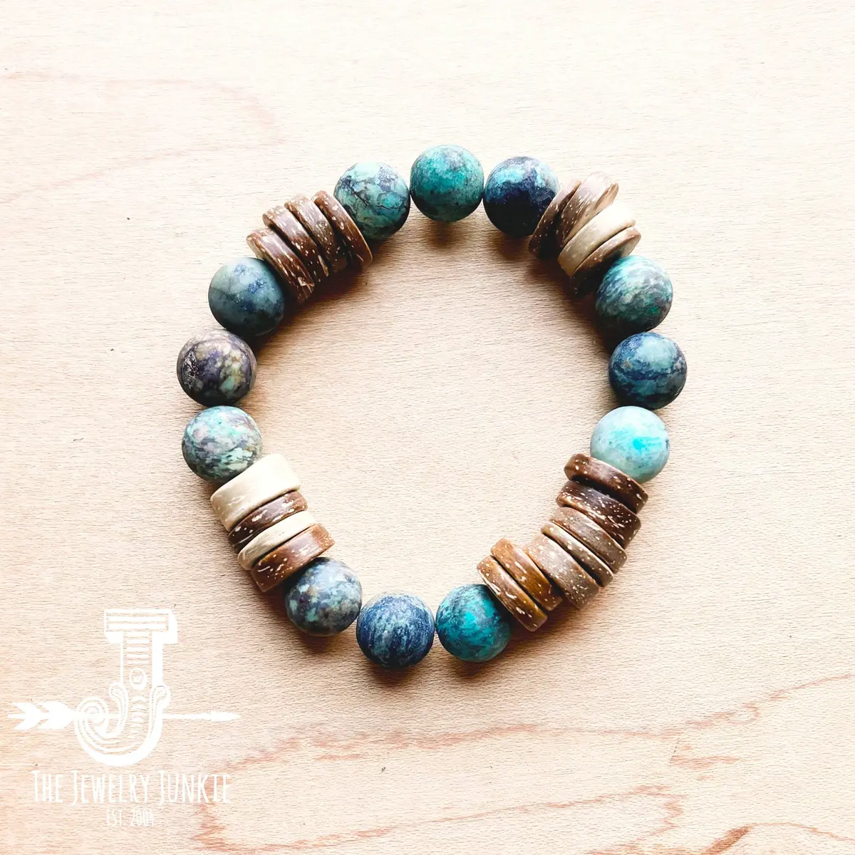 Frosted African Turquoise And Wood Stretch Bracelet 1