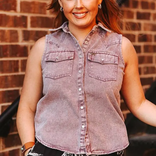 Lavender Denim Mineral Wash Sleeveless Pearl Snap Top 1