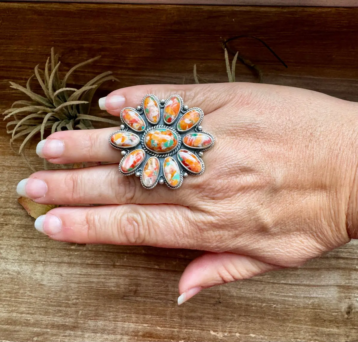 Mojave Spiny & Turquoise Flower Adjustable Ring – Sterling Silver, Made In Usa 1