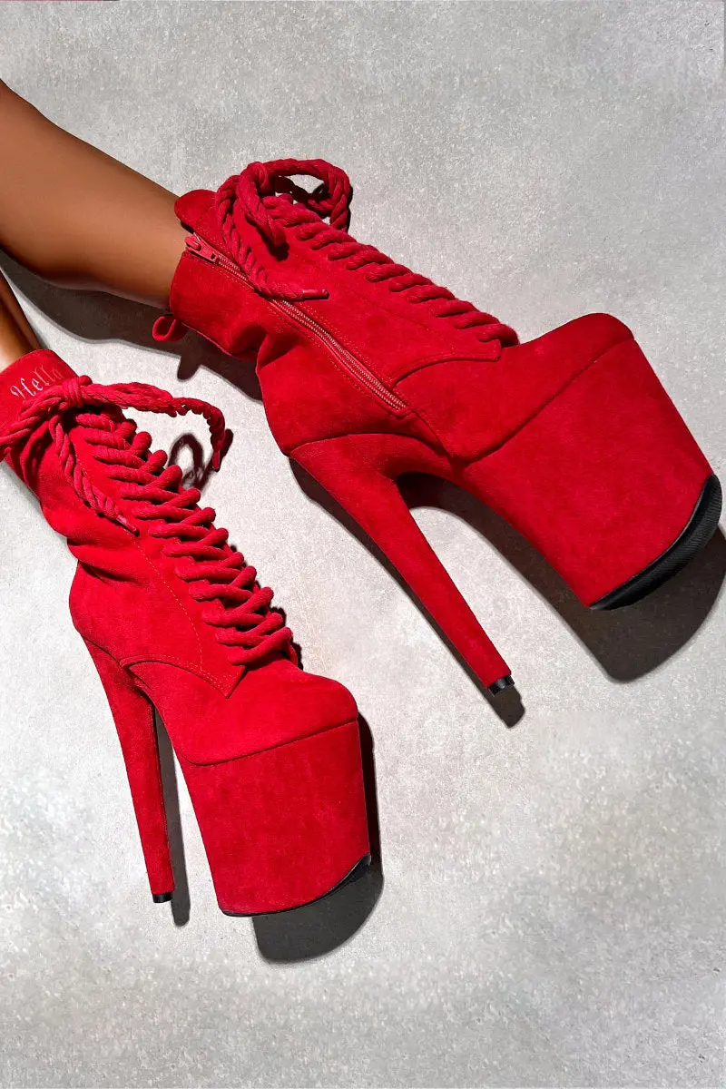 Hella Heels Babydoll All Tied Up 8Inch Boots - Red Rope 1