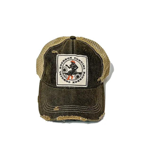 Bourbon Cowgirl Distressed Black Snap Back Trucker Hat 1