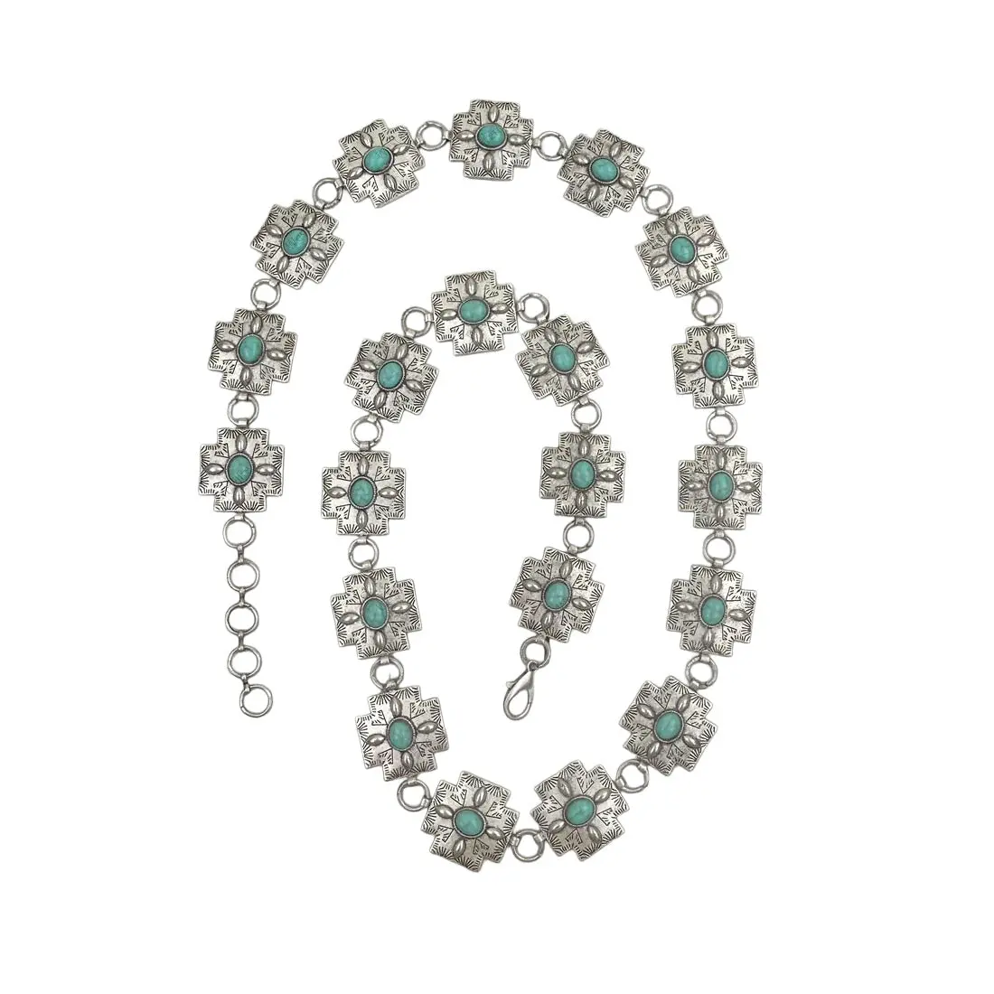 Blue Turquoise Silver Cross Chain Link Western Belt For Cowgirls 1