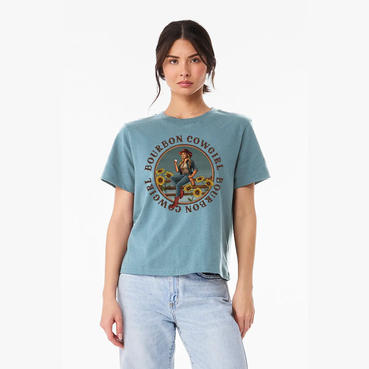 Bourbon Cowgirl Logo Boxy Vintage Denim T-Shirt 1