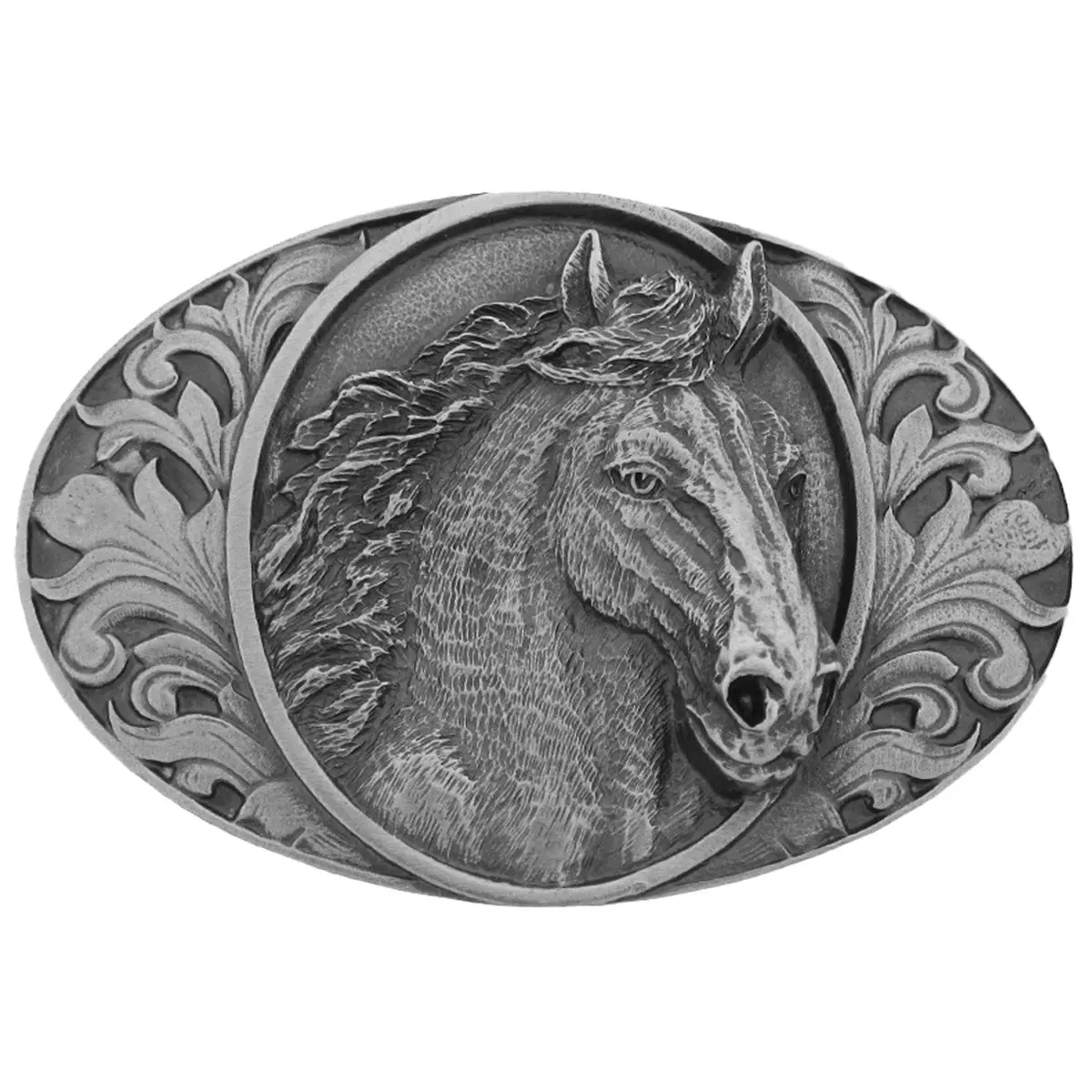 Horsehead And Western Scrolls Belt Buckle Pewter - Bourbon Cowgirl 1