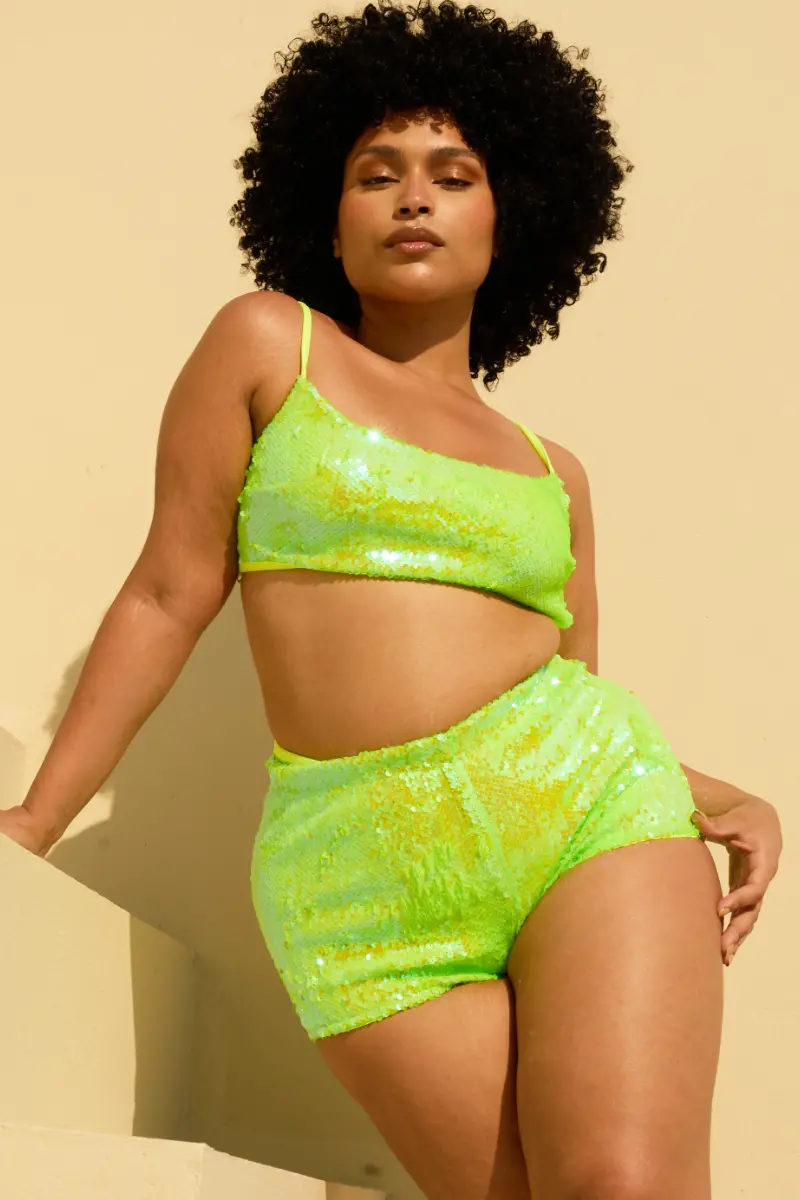 Rolling Bardot Shorts - Neon Yellow Sequins 1