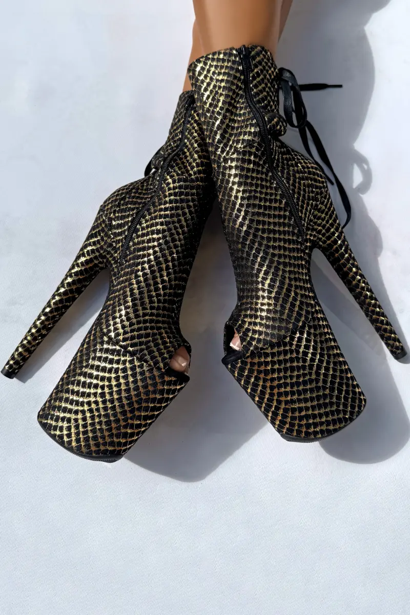 Hella Heels Khaleesi Open Toe Corset 8Inch Boots - Black & Gold 1