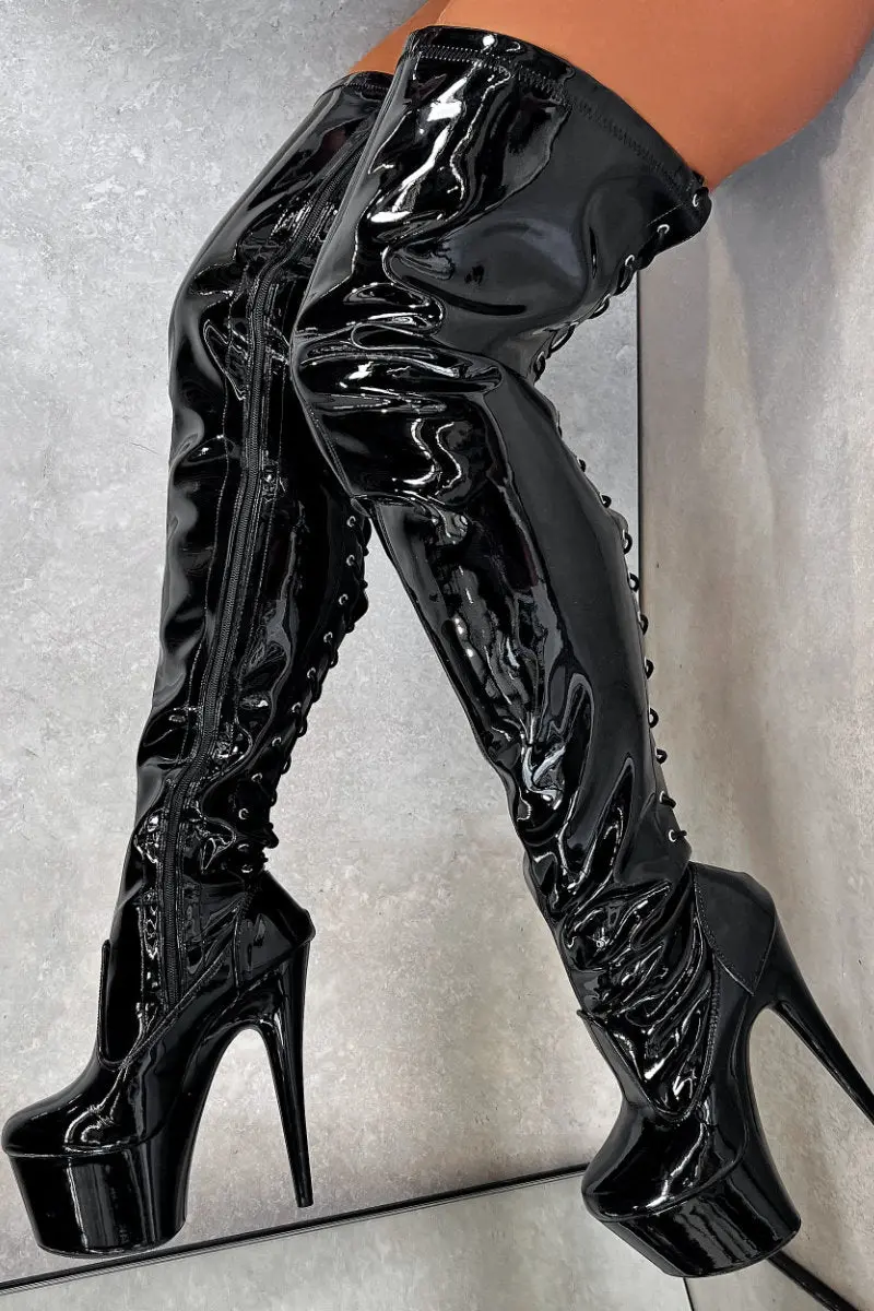 Hella Heels Lipkit Thicc Thigh High Back Lace 7Inch Boots - Black Beatle 1