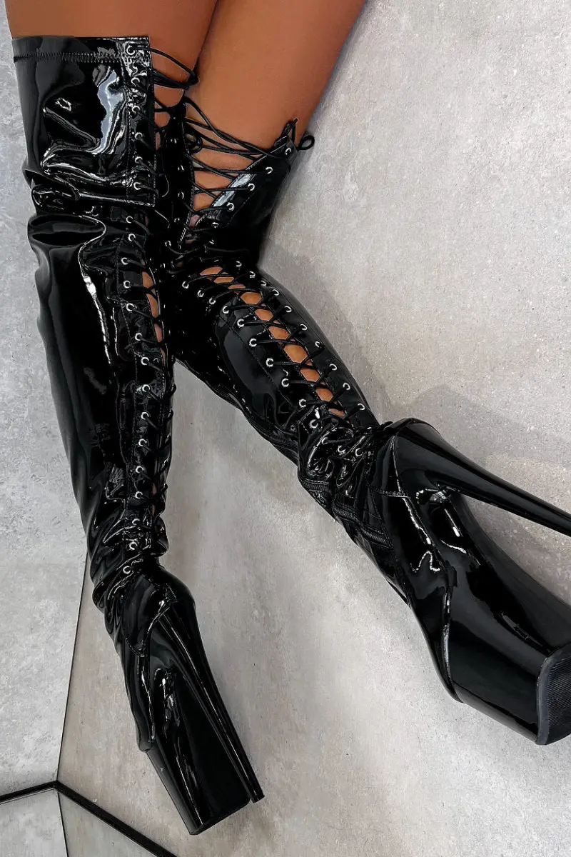Hella Heels Lipkit Thicc Thigh High Back Lace 8Inch Boots - Black Beatle 1