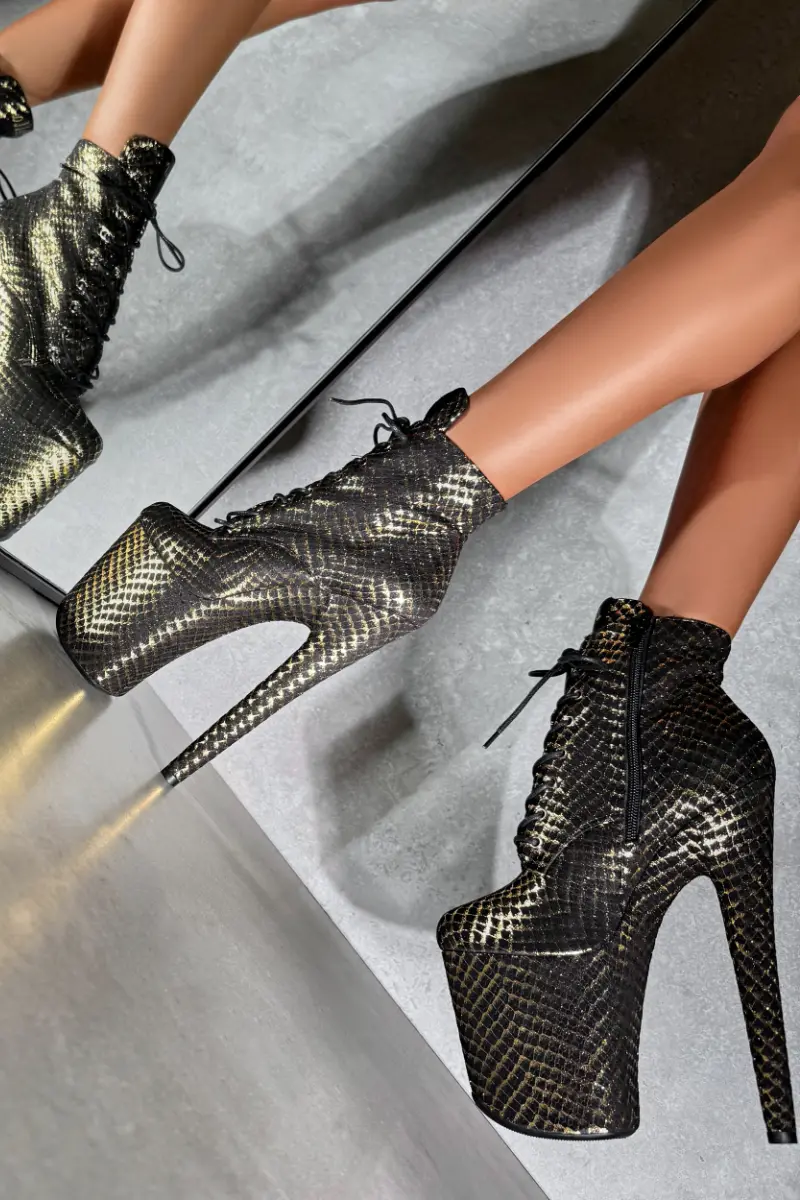 Hella Heels Khaleesi 8Inch Low Ankle Boots - Black & Gold 1