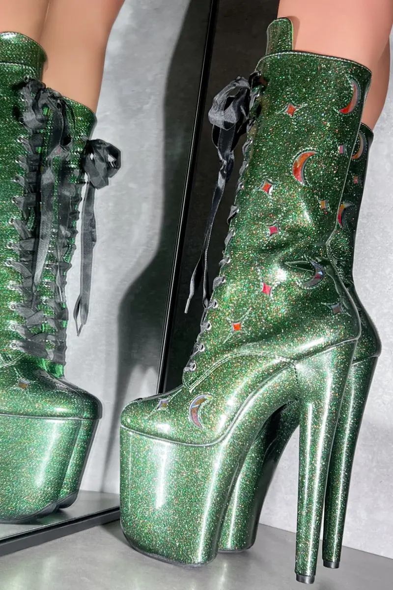 Hella Heels The Glitterati Cosmic 8Inch Boots - Emerald Sparkle 1