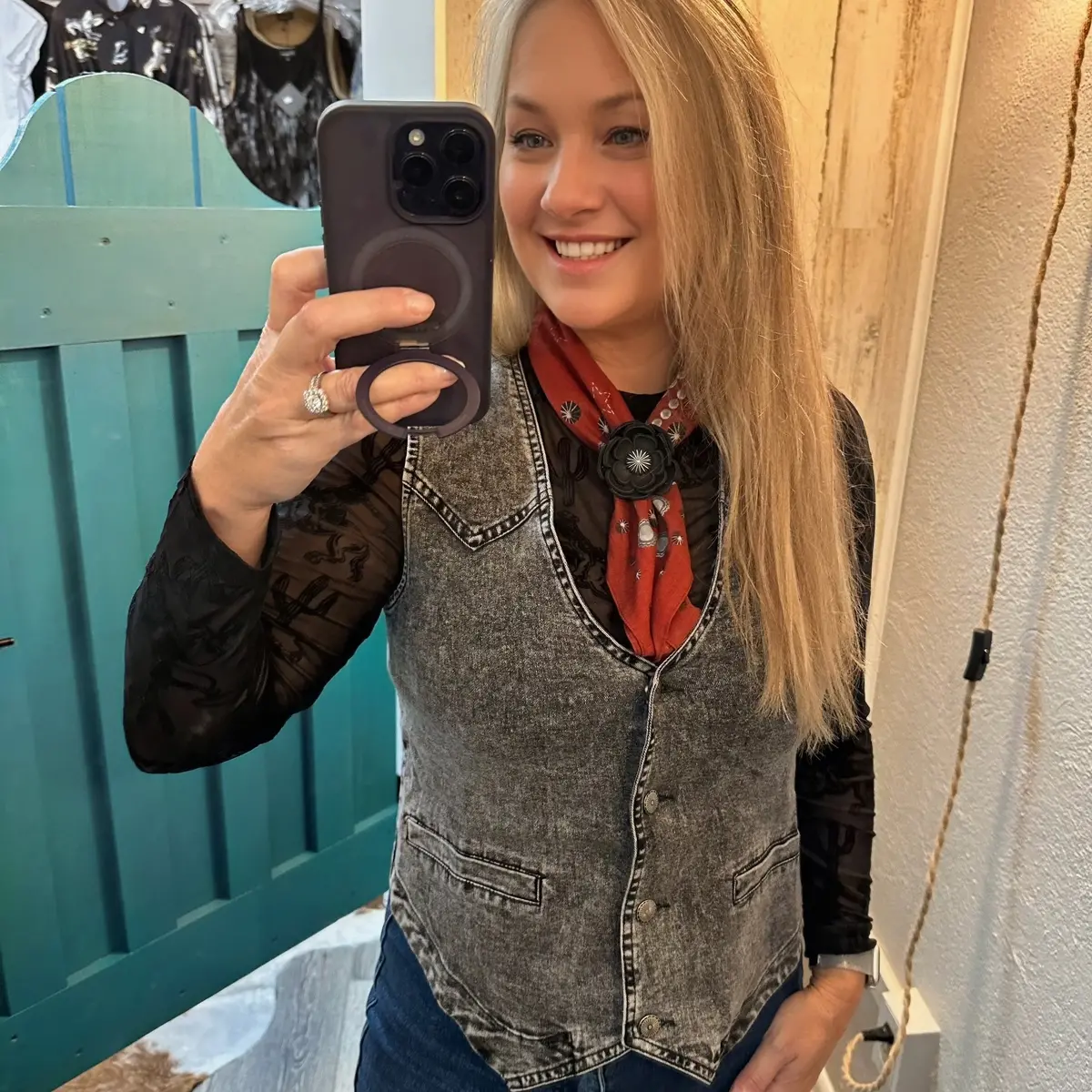 Black Wash Denim Button Down Western Yoke Vest Bourbon Cowgirl 1