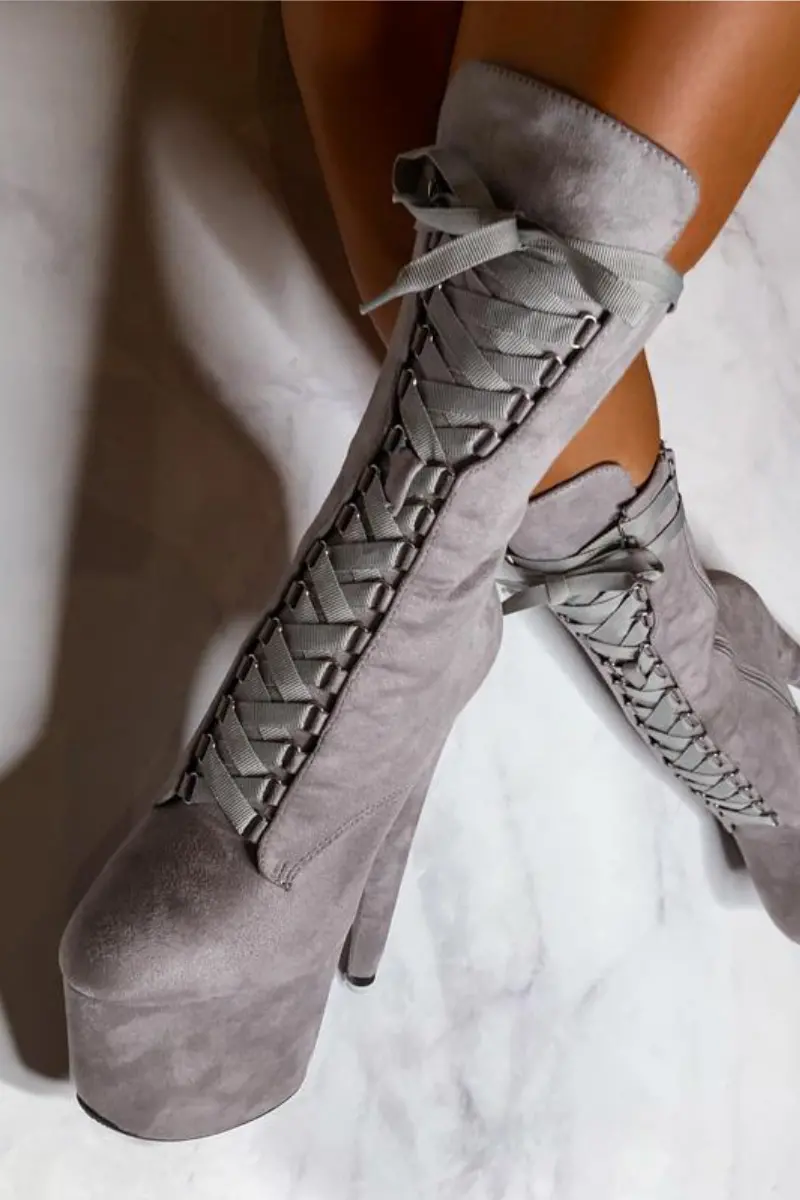 Hella Heels High Babydoll 7Inch Boots - Light Grey  (Uk2/3 Only) 1