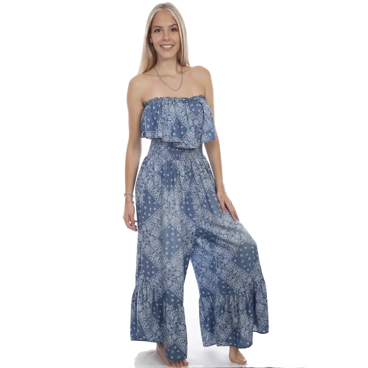 Ladies Bandana Paisley Printed Light Blue Jumpsuit By Scully At Bourbon Cowgirl 1