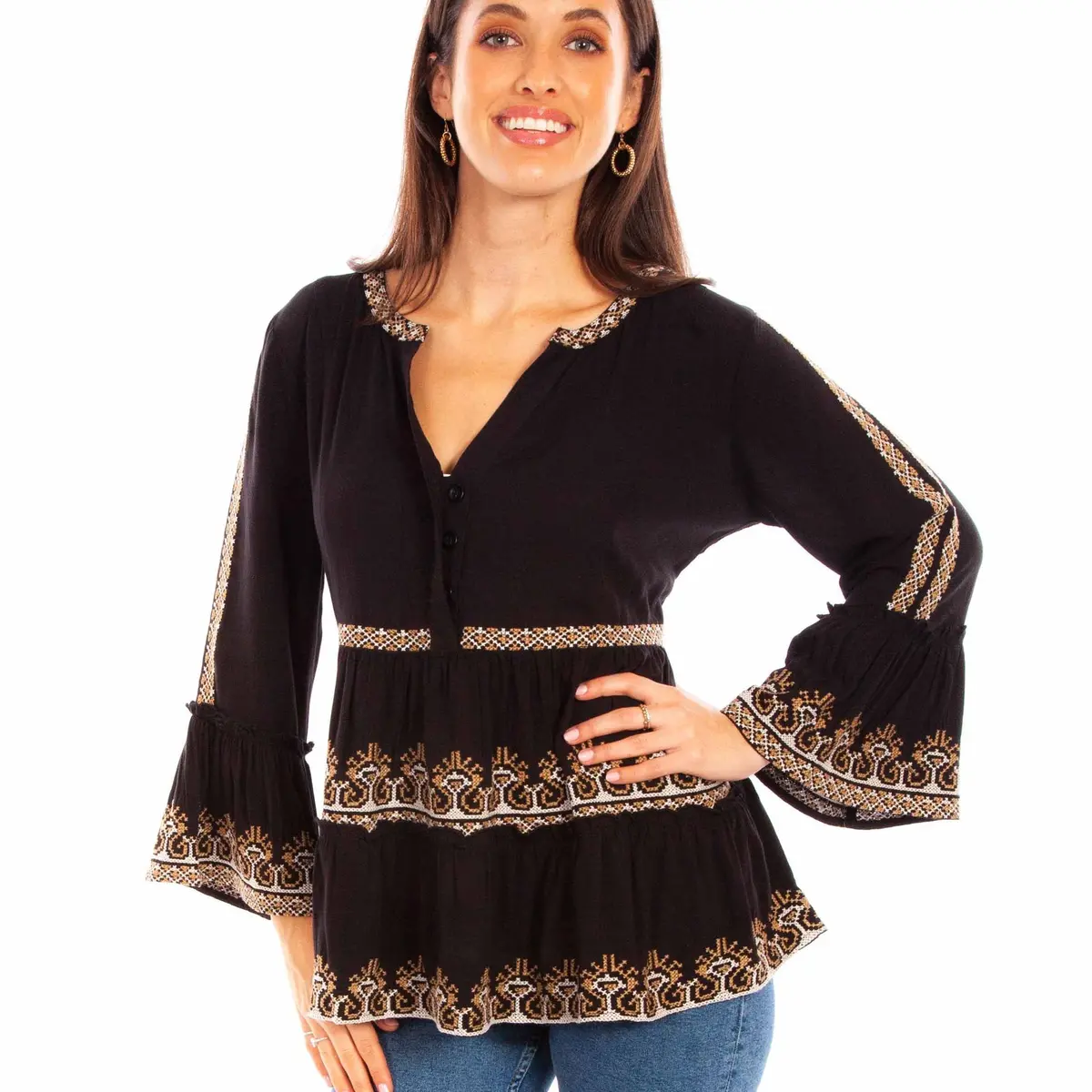 Black Embroidered Bell Sleeve Blouse Scully Bourbon Cowgirl 1