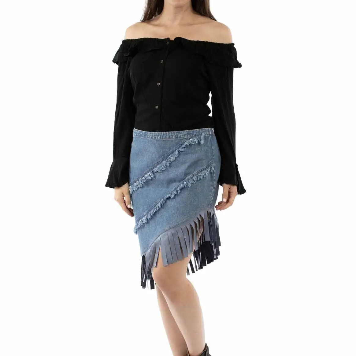 Asymmetrical Fringe Bottom Denim Skirt By Scully At Bourbon Cowgirl 1