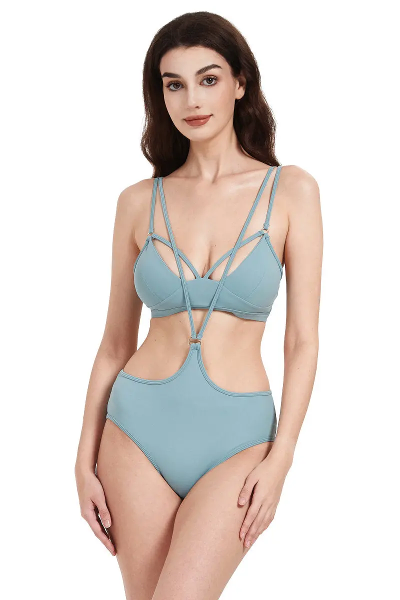 Hamade Activewear Neck Ring High Waisted Bottoms - Light Blue 1