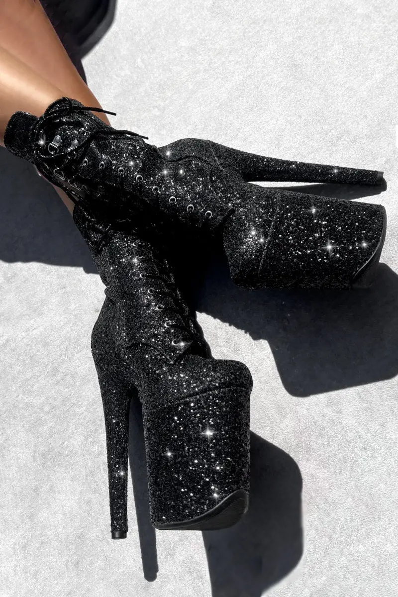 Hella Heels The Glitterati Xtra 8Inch Boots - Black Caviar 1