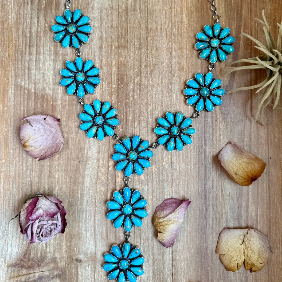 Sterling Silver Kingman Turquoise Flower Lariat Necklace – 25 Inch + 5½ Inch Drop – Native Made By A. Spencer – Usa Made 1