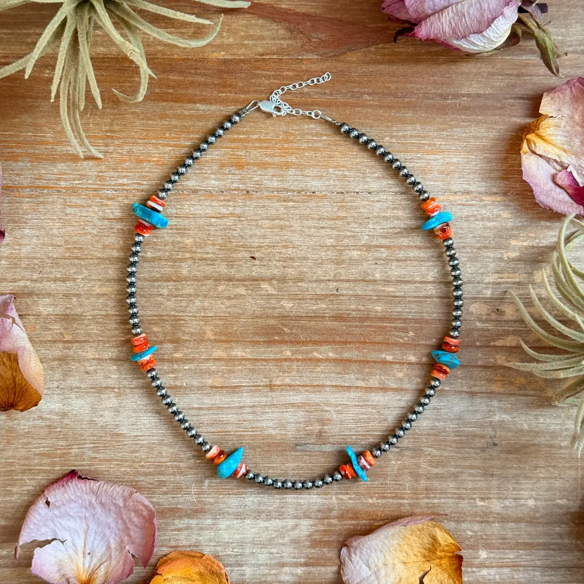 Sterling Silver Pearl Necklace With Orange Spiny Oyster & Sleeping Beauty Turquoise Chips – 14.5” 1
