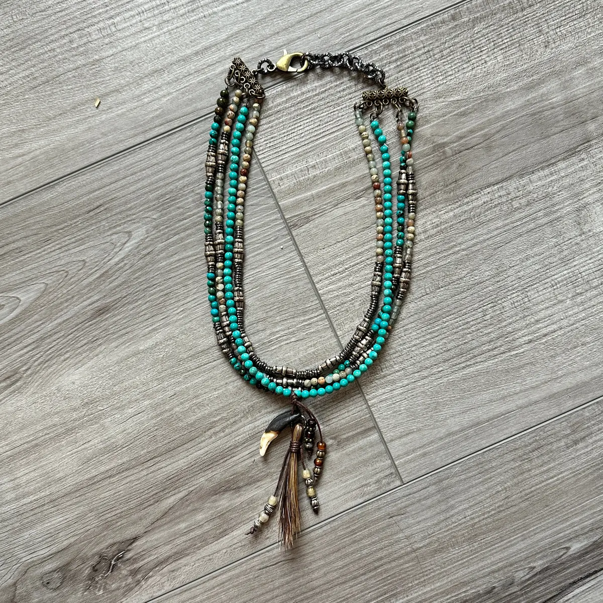 Four Strand Beaded Necklace With Turquoise, Horsehair & Bone By Amy Kaplan 1