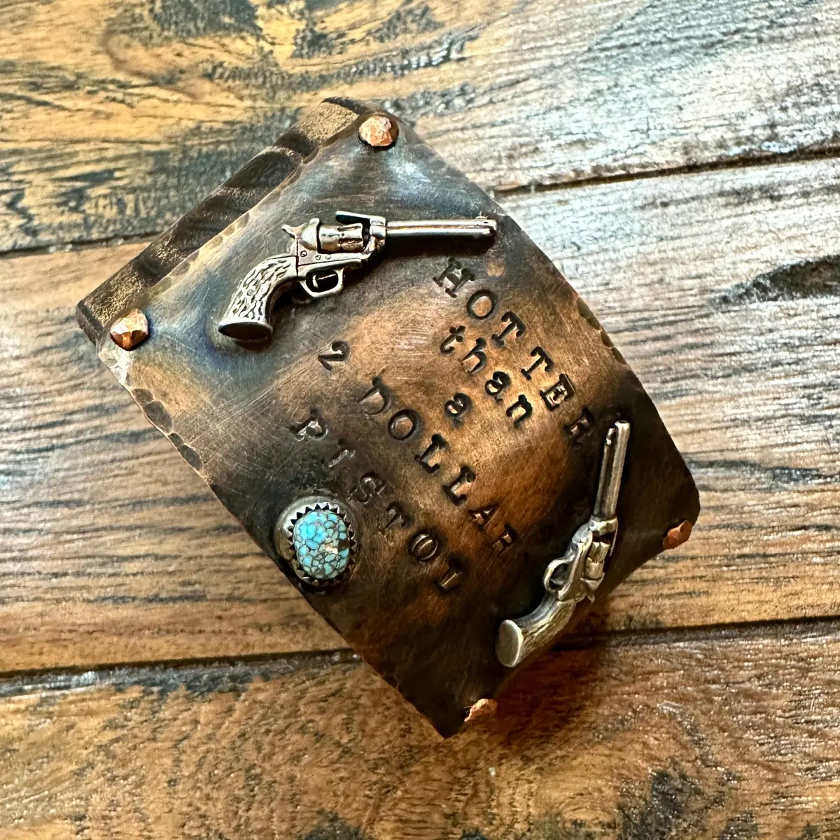 Hotter Than A 2 Dollar Pistol Leather Bracelet -Handmade Jewelry For Bourbon Cowgirl 1