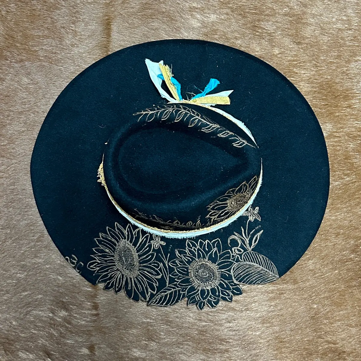 Sunflowers Live Edge Rancher Hat Custom Burned - Black| Bourbon Cowgirl 1
