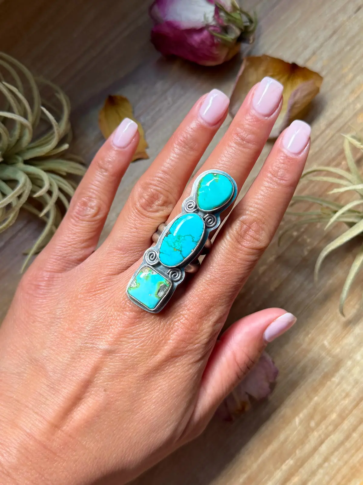 3-Stone Sonoran Turquoise Sterling Silver Ring – Adjustable 1