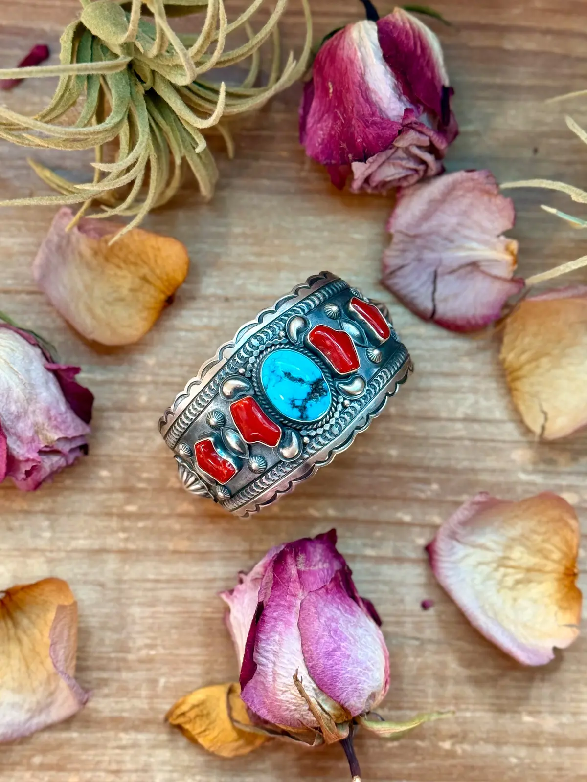 Coral & Turquoise Sterling Silver Cuff Bracelet – Stamped Errick 1