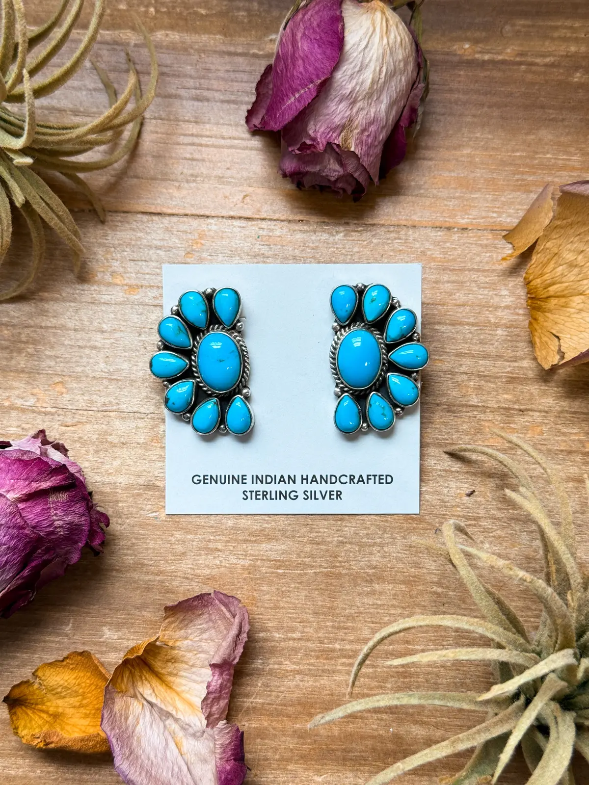 Sterling Silver Kingman Turquoise Half Cluster Earrings – Native Made By E. Richards (Navajo Artist) 1