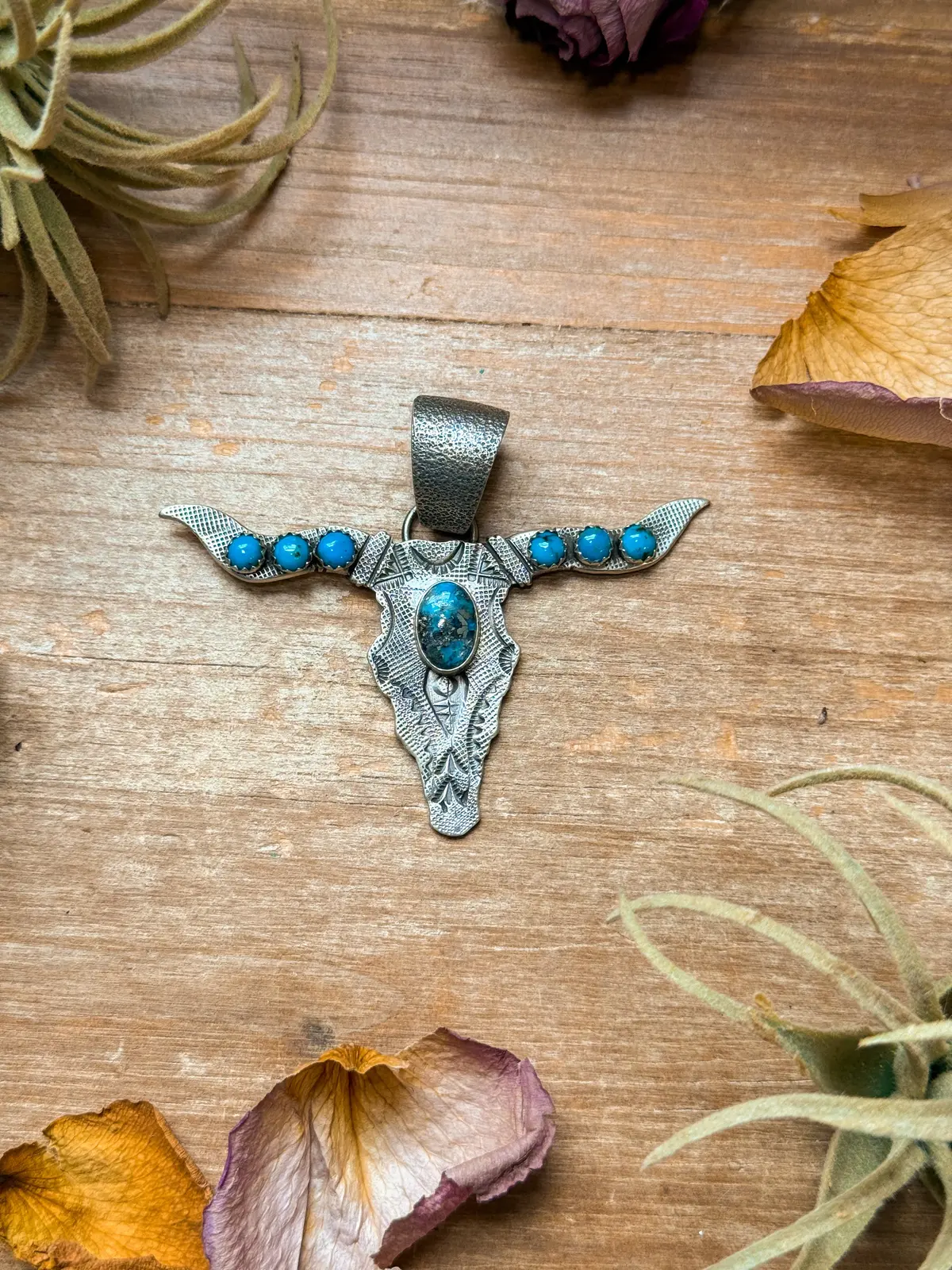 Sterling Silver Longhorn Pendant With Kingman Turquoise – Native Made By Leroy James (Navajo Artist) 1