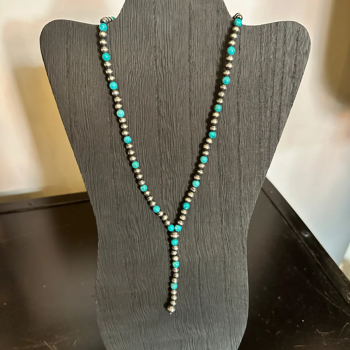 Silver Pearl And Turquoise Bead Lariat Necklace 1