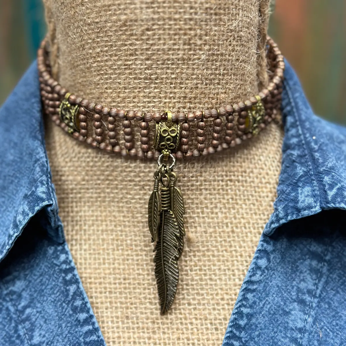 Memory Choker With Feathers Copper Necklace - Amy Kaplan For Bourbon Cowgirl 1