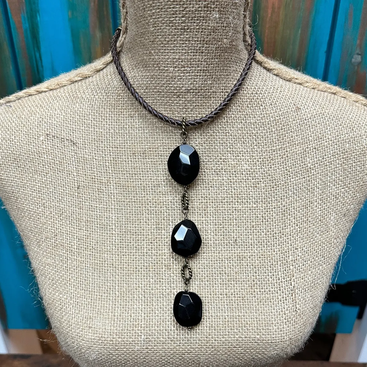 Obsidian On Braided Leather Necklace- Amy Kaplan For Bourbon Cowgirl 1
