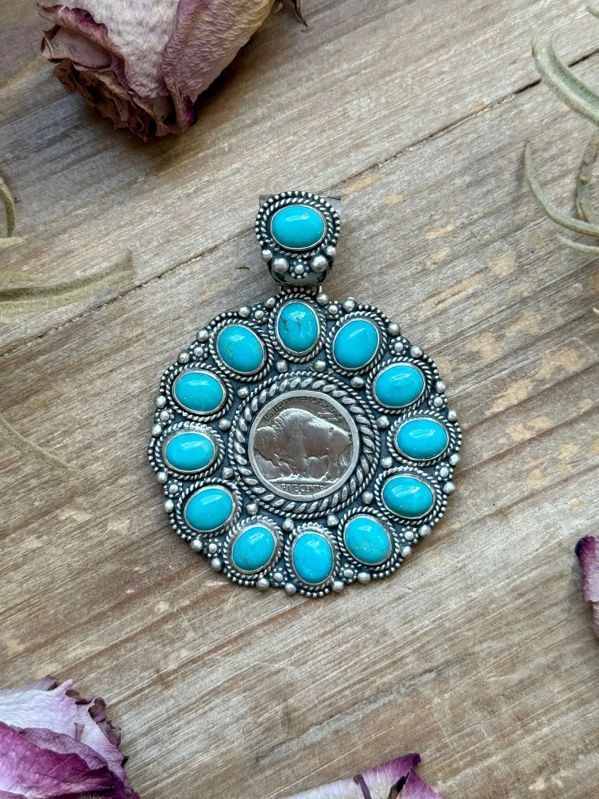 Sterling Silver Kingman Turquoise & Buffalo Nickel Cluster Pendant – Artist Shay Pfeiffer 1