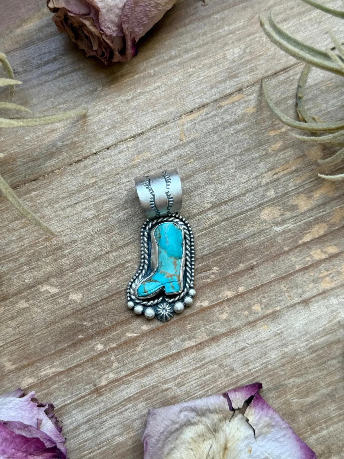 Sterling Silver Kingman Turquoise Cowboy Boot Pendant – Handmade By Artist Shay Pfeiffer 1