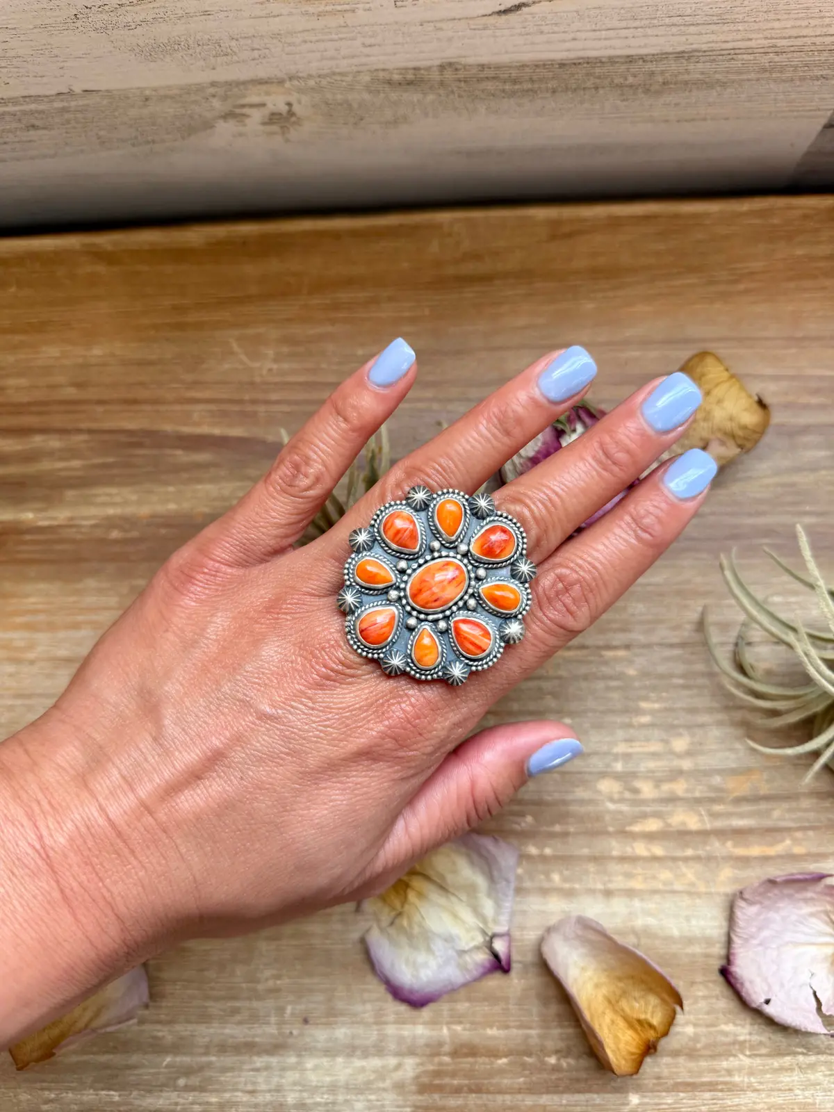 Sterling Silver Orange Spiny Oyster Cluster Ring – Size 9 – Artist Shay Pfeiffer 1