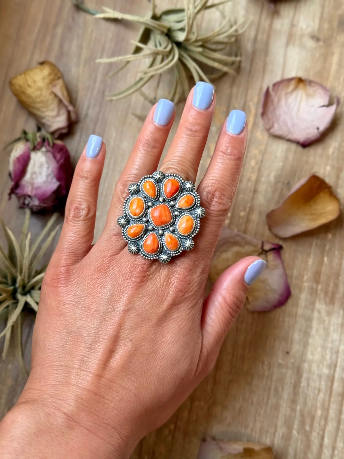 Sterling Silver Orange Spiny Oyster Mosaic Cluster Ring Size 7.5, Artist Shay Pfeiffer 1