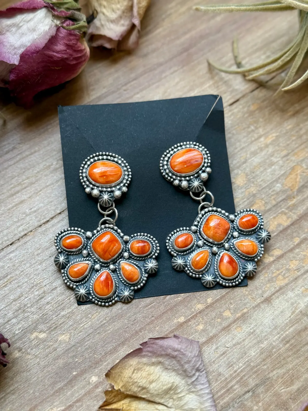 Sterling Silver Orange Spiny Oyster Half Cluster Dangle Earrings – Artist Shay Pfeiffer 1