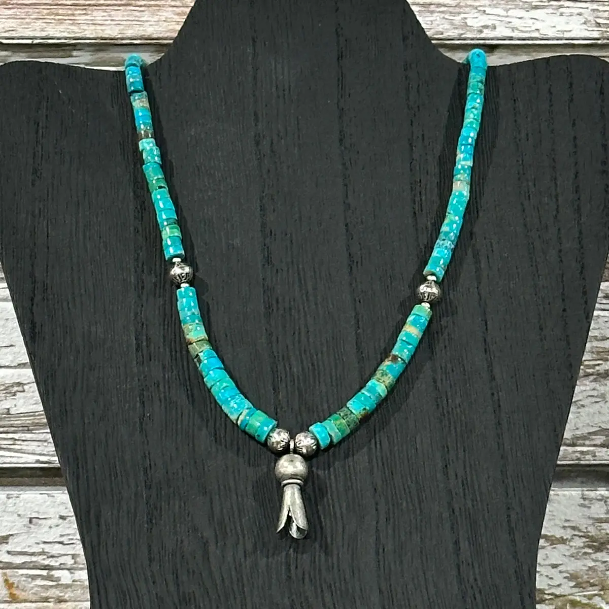 Navajo Turquoise Bead And Silver Squash Necklace 1